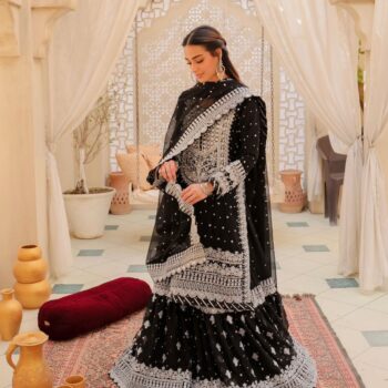 Black Queen Embroidered Georgette Three Piece with Garara & Dupatta