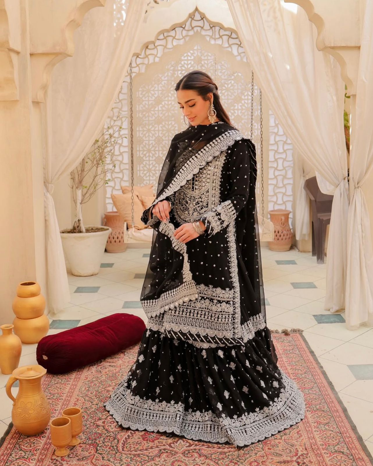 Black Queen Embroidered Georgette Three Piece with Garara & Dupatta