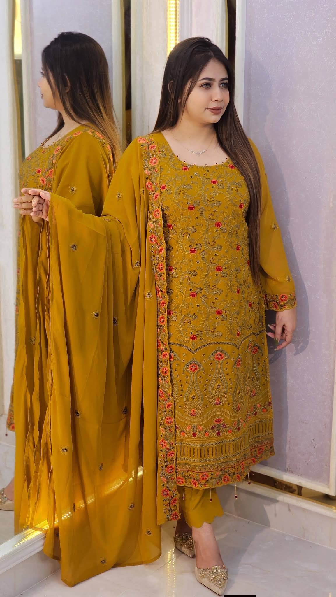 RoseGold Embroidered Three Piece Indian Chinon Georgette - Image 2