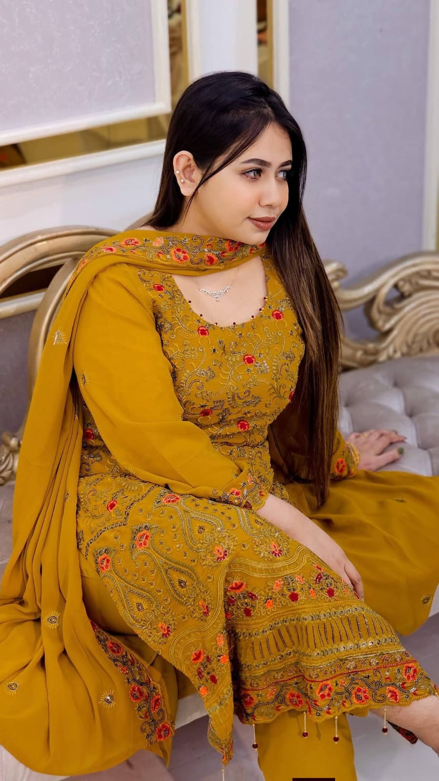 RoseGold Embroidered Three Piece Indian Chinon Georgette - Image 3