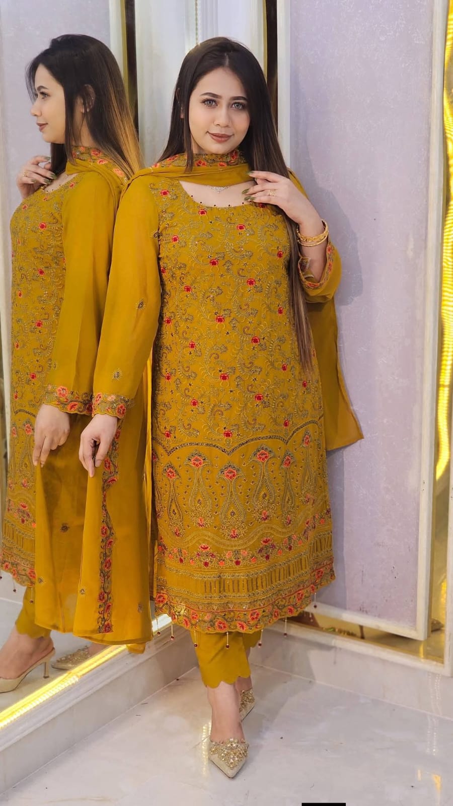 RoseGold Embroidered Three Piece Indian Chinon Georgette - Image 4