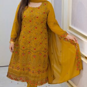 RoseGold Embroidered Three Piece Indian Chinon Georgette