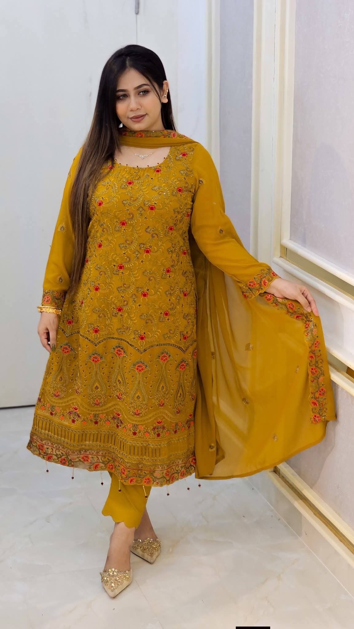 RoseGold Embroidered Three Piece Indian Chinon Georgette