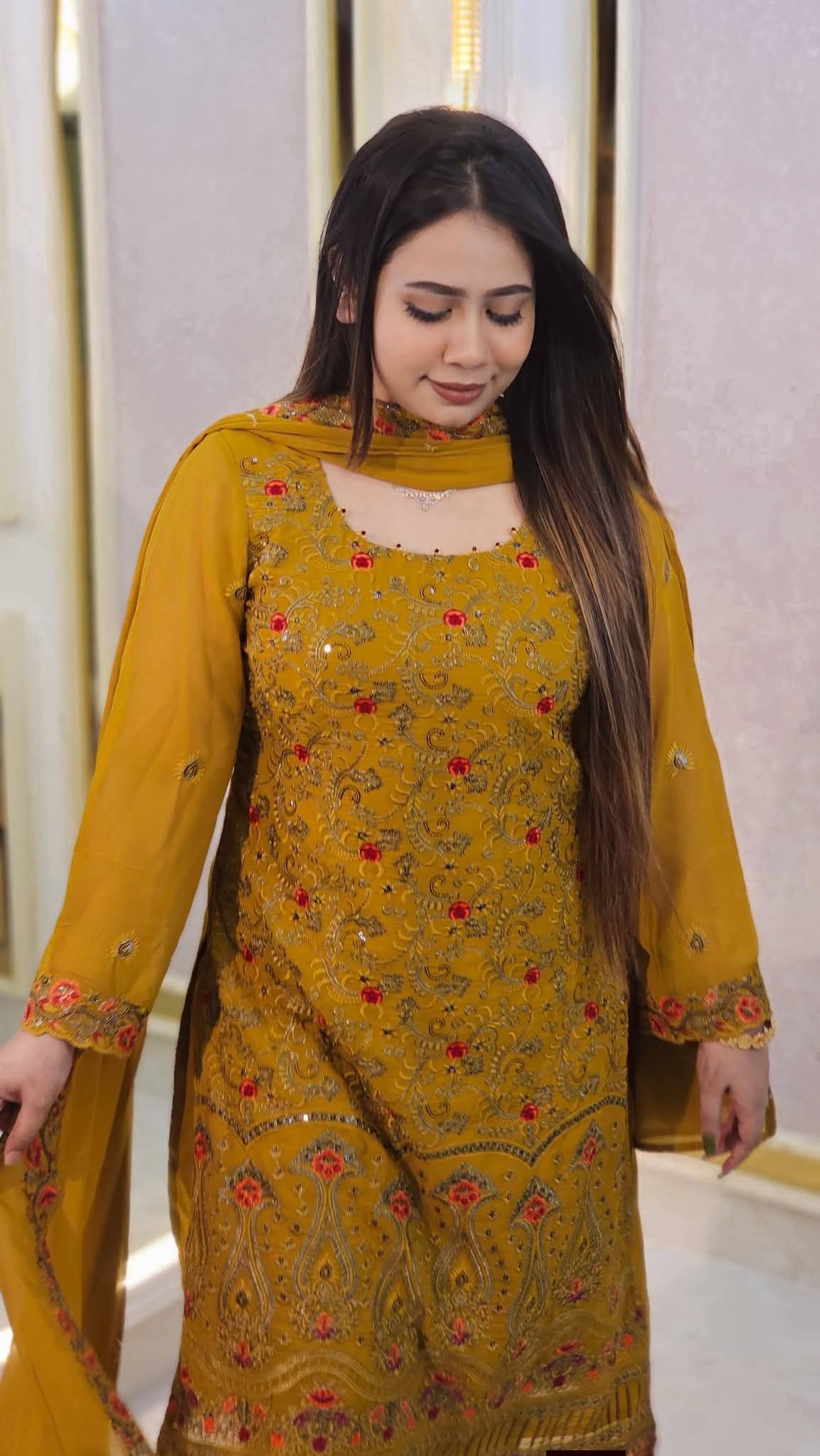 RoseGold Embroidered Three Piece Indian Chinon Georgette - Image 5