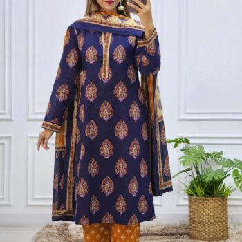 Blue Digital Printed Three Piece with Lace Work