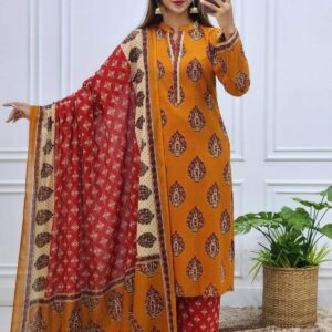 Mustard & Blue Digital Printed Three Piece