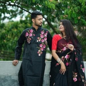 Black Floral Printed Couple Set – Saree & Punjabi