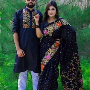 Embroidered Black Couple Set – Saree & Punjabi