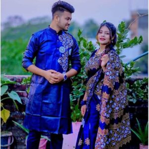 Navy Blue Embroidered Couple Set – Saree & Punjabi