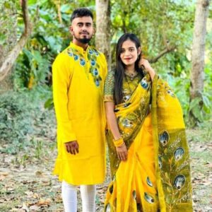 Hand Painted Couple Set | Half Silk Saree & Dhupian Punjabi