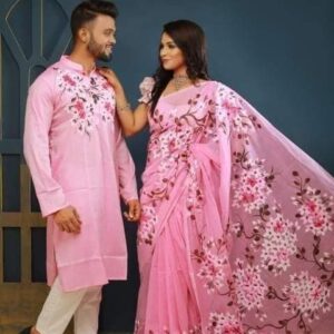 Printed Pink Couple Set | Floral Saree & Punjabi Matching Dress