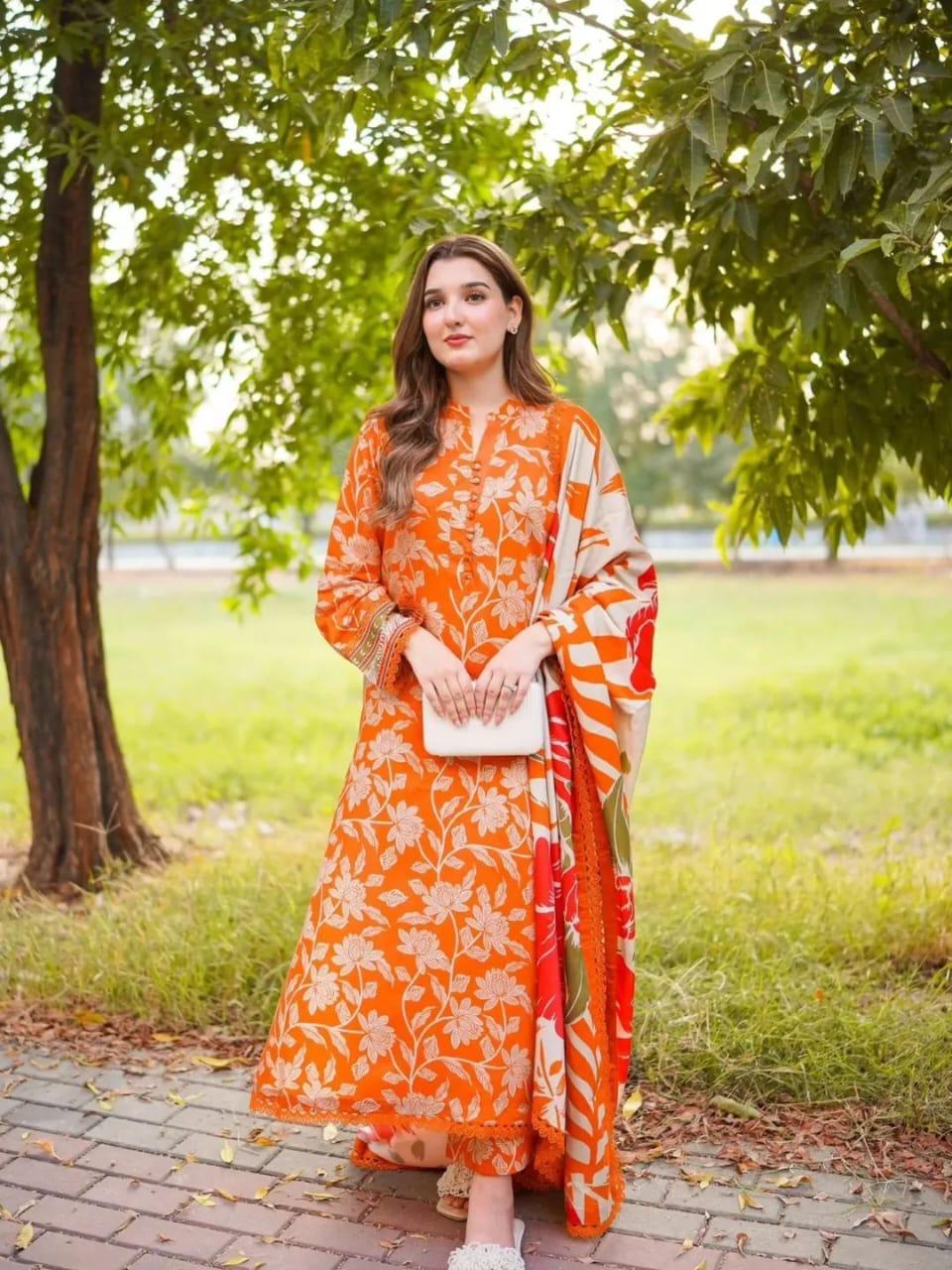 Saffron Digital Printed Three Piece