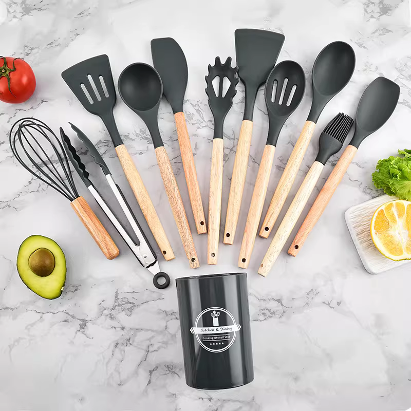 12PCS Silicone Kitchen Utensil Set Wooden Handle